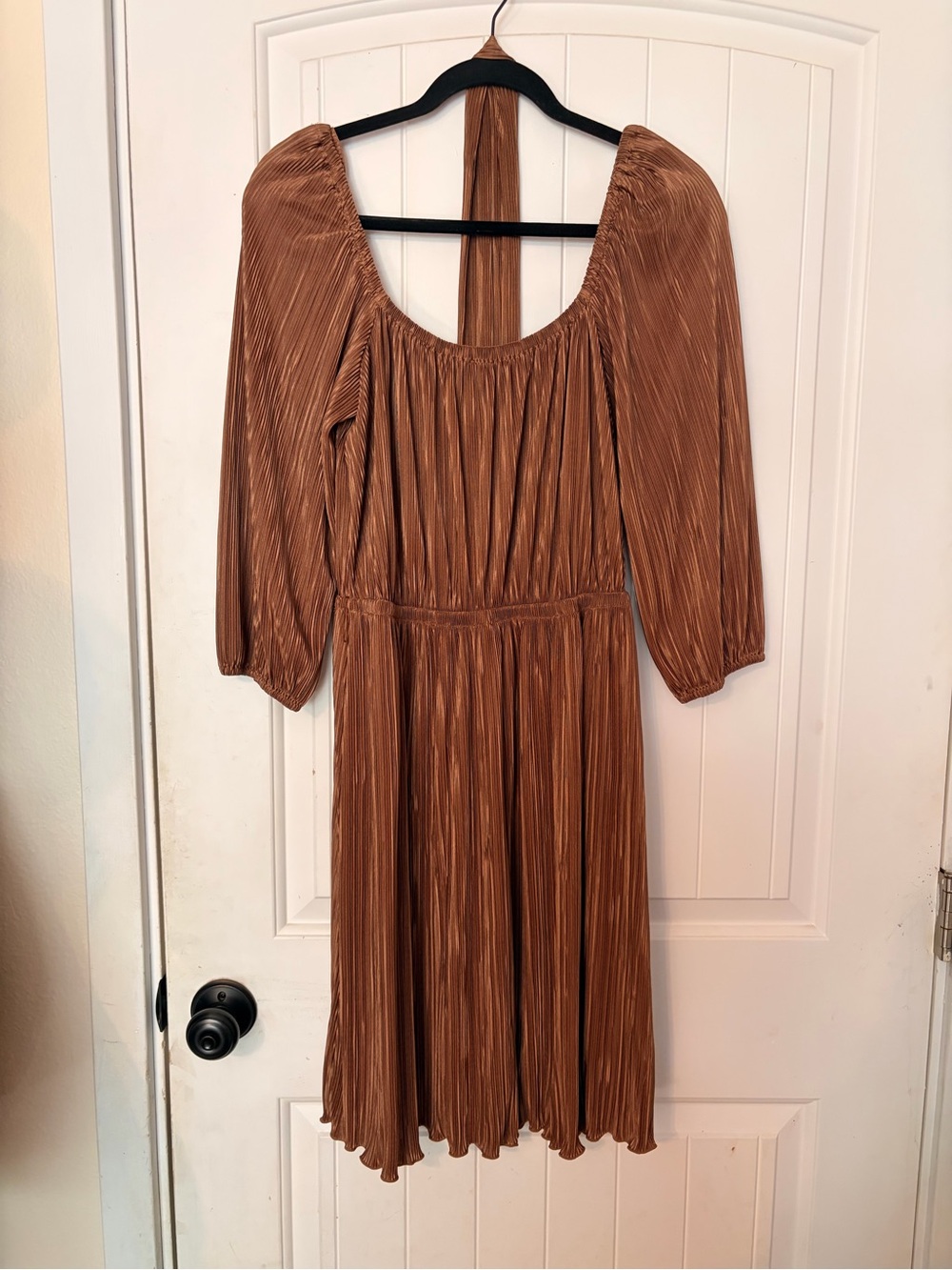 Nine West Copper Brown Pleated Midi Dress with Puff Sleeves